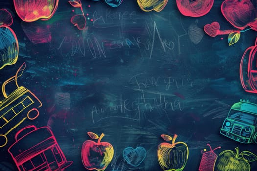 A vibrant chalkboard displays colorful drawings and brush strokes of educational items, enhancing the atmosphere of creativity and learning.