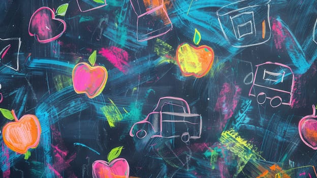 A chalkboard showcases vibrant brush strokes with detailed drawings of globes, rulers, and other school supplies, enhancing the classroom's atmosphere.