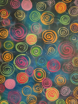 A chalkboard features vibrant spirals and abstract shapes, showcasing a burst of creativity and imagination during an art session.