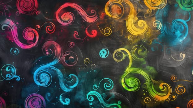 A chalkboard filled with vibrant spirals and abstract shapes, showcasing creativity in a classroom setting during an interactive art lesson.