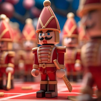 A close-up shot of a red plastic toy soldier, with a focus on the details of its face and uniform. The background is blurred, showing other toy soldiers.