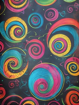 A chalkboard filled with vibrant spirals and abstract shapes showcases artistic creativity in an engaging learning environment.