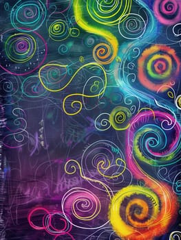 A chalkboard fills with vibrant spirals and abstract shapes, showcasing creativity and expression during an art class activity.