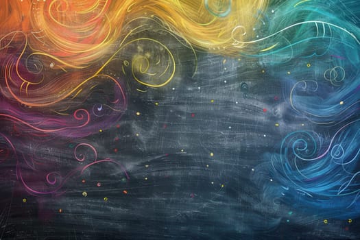 A chalkboard displays vibrant spirals and abstract shapes, showcasing creativity during an engaging art session in a classroom.