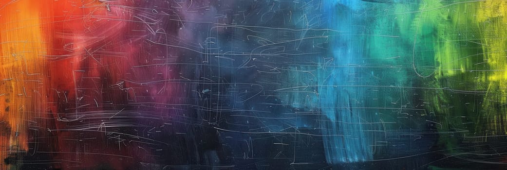 A chalkboard filled with bright spirals and abstract shapes showcases creativity in a lively educational environment.