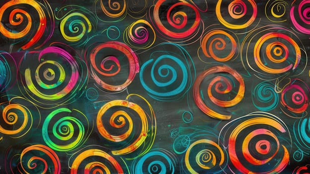 A chalkboard features vibrant spirals and abstract shapes, inspiring creativity and imagination during a learning activity in a classroom.