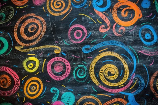 A chalkboard displays vibrant spirals and abstract shapes, showcasing creativity during an art class activity in a studio.