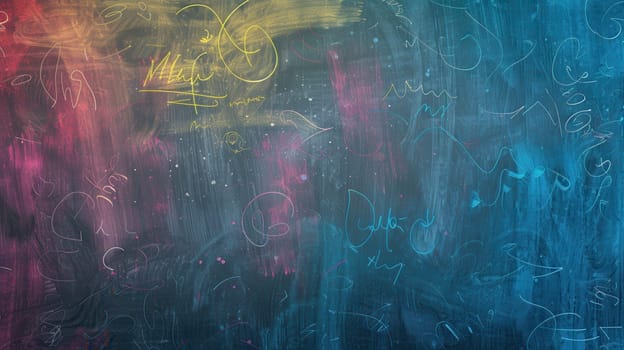 A chalkboard displays vibrant spirals and abstract shapes, showcasing creativity and artistic expression in a lively classroom environment.