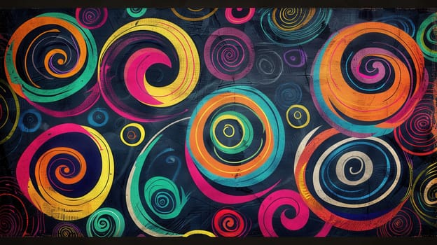 A chalkboard adorned with bright spirals and abstract shapes showcases creativity in an educational environment.