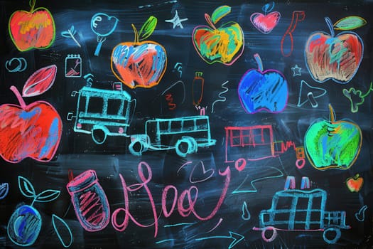 A vibrant chalkboard features colorful designs of globes, rulers, and lightbulbs, enhancing the creative atmosphere of the classroom.