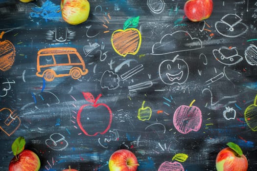 A vibrant chalkboard displays colorful drawings of classroom items surrounded by fresh apples, enhancing the learning environment for students.