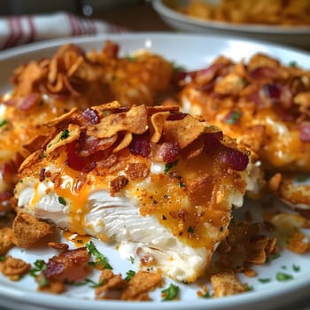 A close-up shot of a crispy chicken dish with bacon and toasted croutons, showcasing its golden brown and appetizing look.