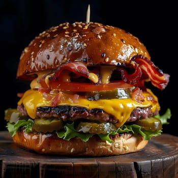 A close-up shot of a juicy cheeseburger with bacon and pickles. The burger is stacked high with fresh ingredients, and the cheese is oozing out.