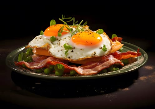 A close-up shot of a plate of fried eggs with crispy bacon and peas. The eggs are perfectly cooked and the bacon is crispy and flavorful. This is a delicious and satisfying breakfast meal.