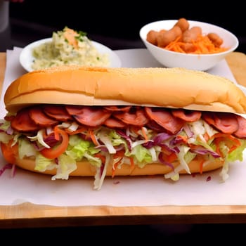 Close-up of a large sub sandwich loaded with smoked meat, fresh lettuce, tomato, red onion, and shredded cabbage. The sub is resting on a wooden cutting board with a white background.