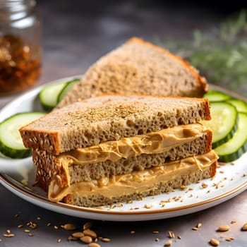 Close-up shot of a peanut butter sandwich on whole wheat bread with a side of cucumber slices, creating a simple yet satisfying meal.