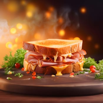 Close up of a delicious grilled ham and cheese sandwich with melted cheese and a crispy, golden brown exterior