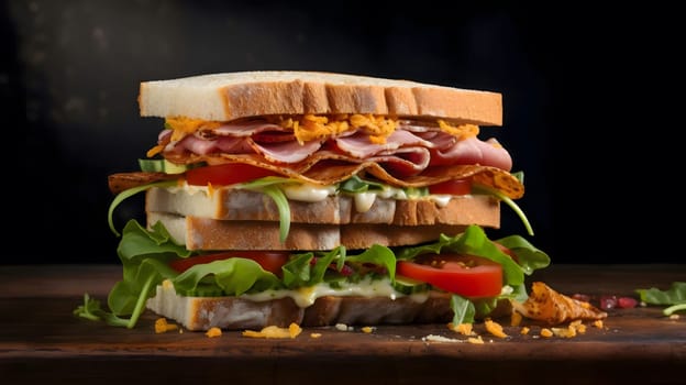 A close-up of a mouthwatering sandwich piled high with ham, cheese, tomato, and lettuce on a wooden surface.