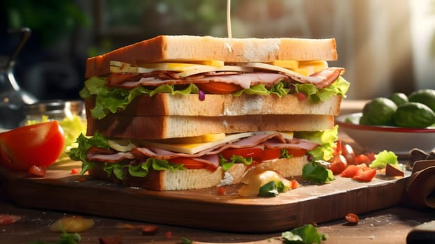 A close-up of a delicious and filling sandwich with ham, cheese, tomato, and lettuce.