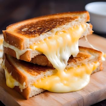 A close up of a delicious grilled cheese sandwich with melted cheese and crispy bread