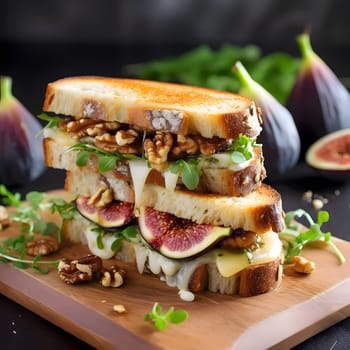 A close-up shot of a gourmet grilled cheese sandwich featuring fresh figs, walnuts, and arugula. The toasted bread creates a crispy texture, while the sweet and savory flavors combine for a delicious and satisfying meal.