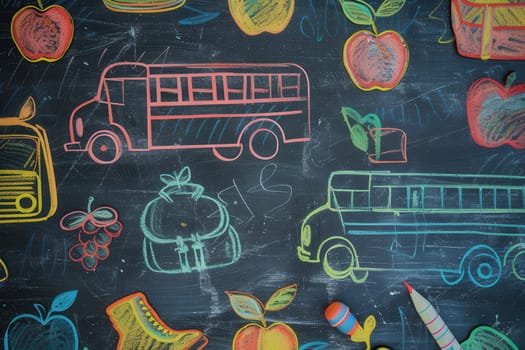 A chalkboard features vibrant brush strokes and detailed drawings of classroom items like globes, calculators, and lightbulbs, creating an engaging educational atmosphere.
