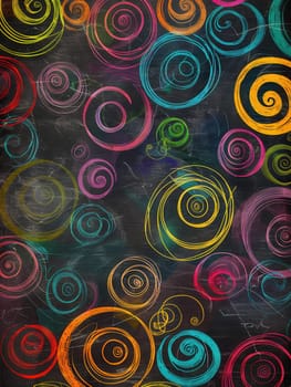 A chalkboard is filled with vibrant spirals and abstract shapes, showcasing creativity and imagination during an engaging art session.