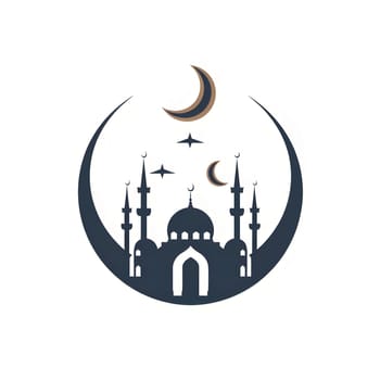 An illustration of a mosque silhouette with a crescent moon and stars in the sky. This image is a symbol of Islam and is commonly used for Ramadan and Eid celebrations.