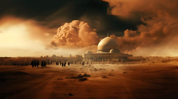 A majestic mosque in the desert, with dramatic clouds hovering above. The scene evokes a sense of spirituality and grandeur.