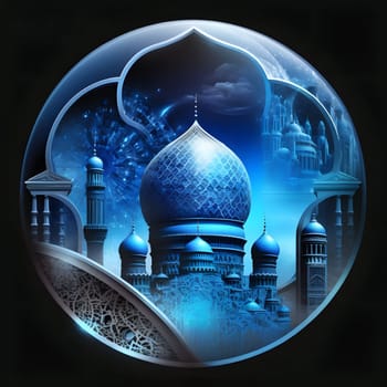 A digitally rendered artwork depicting a blue mosque encased in a crystal ball, with the glow of the city lights reflected in the sphere.