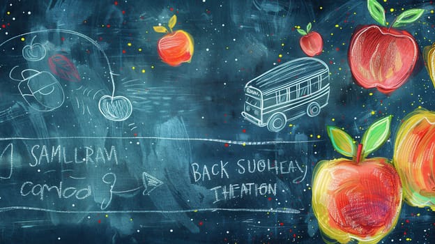 A chalkboard adorned with colorful brush strokes and detailed drawings of educational tools creates an engaging atmosphere for students.