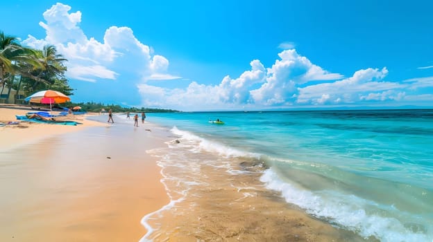 A breathtaking view of a pristine tropical beach with crystal-clear turquoise waters, white sandy shores, and lush palm trees. The sky is a vibrant blue with fluffy white clouds, creating a picture-perfect summer vacation scene.