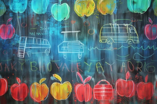 A vibrant chalkboard displays colorful brush strokes and detailed drawings of classroom items like globes, rulers, and calculators, enhancing the learning environment.