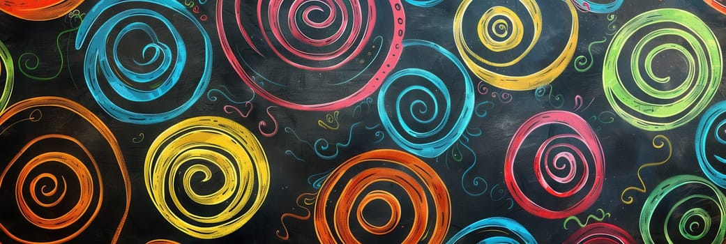 A chalkboard displays vibrant spirals and abstract shapes, showcasing student creativity during an engaging art class activity.