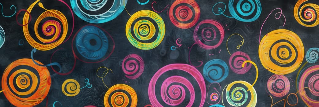 A chalkboard is filled with vibrant spirals and abstract shapes showcasing creativity and imagination in a colorful design perfect for inspiring students.