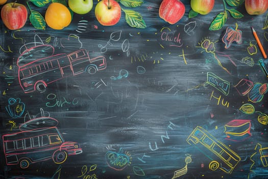 A vibrant chalkboard features colorful drawings of classroom supplies, framed by fresh apples and oranges, creating a lively learning atmosphere.