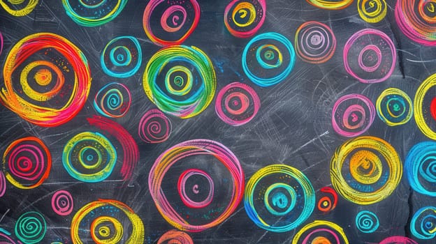 Brightly colored spirals and abstract shapes cover a chalkboard, reflecting creativity and artistic expression from students during an art activity.