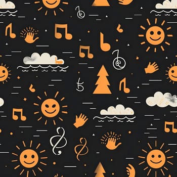 A repeating pattern with suns, music notes, clouds, and clapping hands in a bright orange and black color scheme.