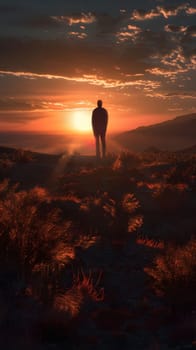 A silhouette of a man standing on a hilltop with a stunning sunrise behind him.