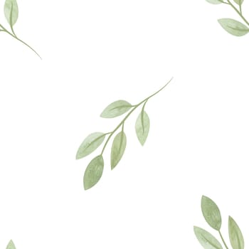 Cute spring soft green twigs with leaves in sketch style. Seamless watercolor pattern for fabric, wallpaper, wrapping paper, packaging cosmetics, tablecloths, curtains and home textiles