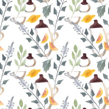 Herb tea. Melissa, mint, glassware, leaves and lemon slices. Seamless watercolor pattern for fabric, wallpaper, wrapping paper, packaging cosmetics, tablecloths, curtains and home textiles