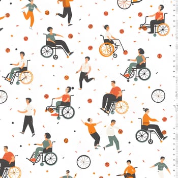 This playful and colorful illustration features people in wheelchairs playing basketball, promoting inclusion and the joy of sport for everyone