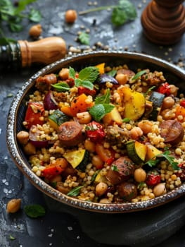 Traditional Algerian couscous served in a large bowl, accompanied by a medley of fresh vegetables, protein-rich chickpeas, and spicy merguez sausage. A hearty and flavorful dish