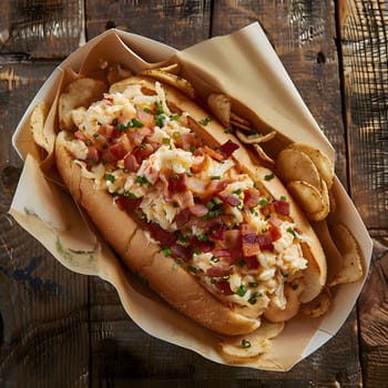 A close-up shot of a delicious lobster roll with crispy bacon, onions, and a creamy sauce. The roll is served on a wooden table.