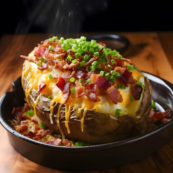 A large baked potato topped with bacon, cheese, and scallions, steaming hot and ready to be eaten