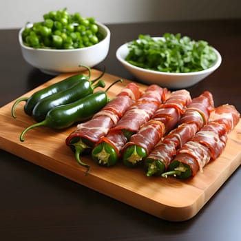 Closeup of jalapeno peppers wrapped in prosciutto, ready to be cooked. A classic and delicious appetizer.