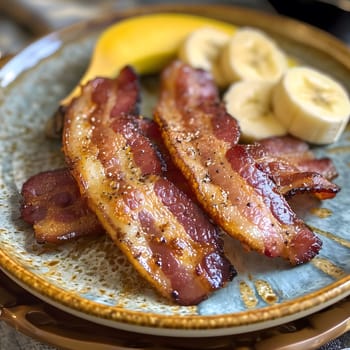 A plate of crispy bacon and slices of bananas. The bacon is cooked to perfection and has a nice golden brown color.