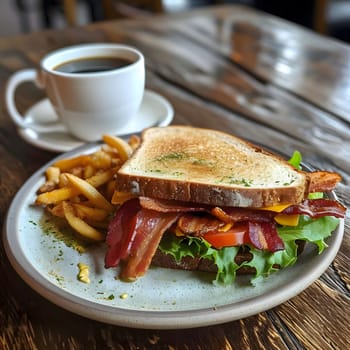 A close-up shot of a delicious bacon sandwich with a side of french fries, captured in a rustic setting.