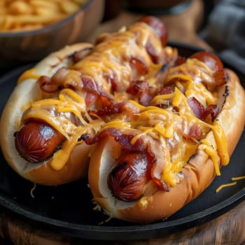 A close-up shot of two hot dogs topped with melted cheese and crispy bacon. The hot dogs are nestled in soft buns and arranged on a black plate, creating a visually appealing and mouthwatering display.