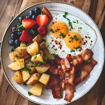 A beautifully arranged breakfast plate featuring fried eggs, crispy bacon, roasted potatoes, and a medley of fresh berries. This vibrant dish is perfect for a satisfying and delicious start to the day.